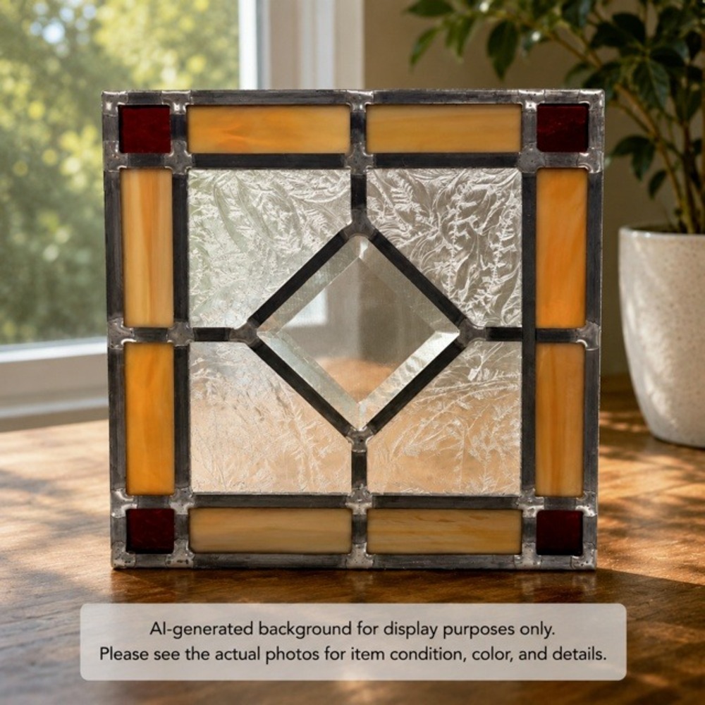 Handcrafted Stained Glass Panel Amber Yellow Suncatcher Window Art 9x9